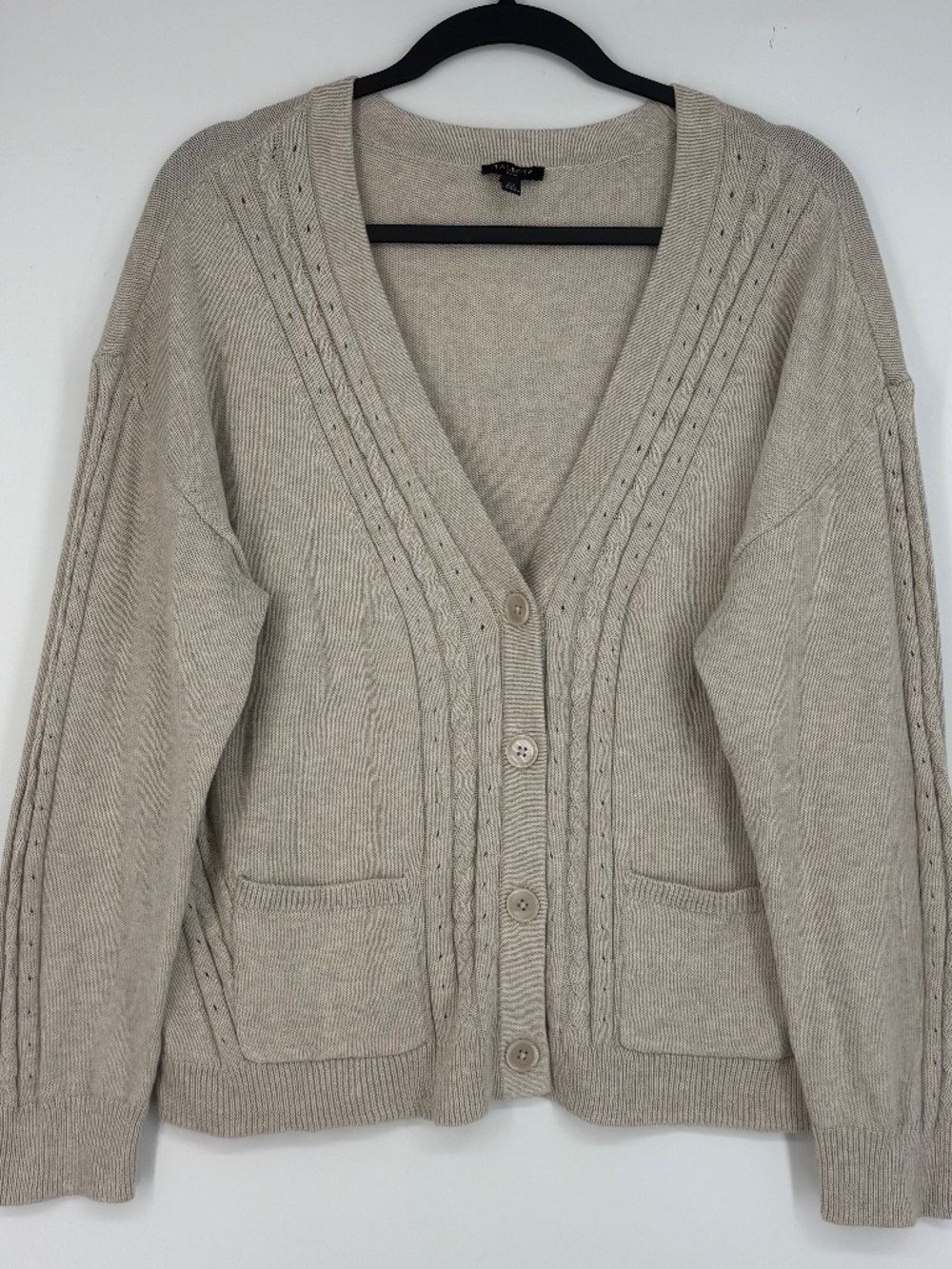 Talbots Womens XL PETITE Button Front Cardigan Sweater Beige Pointelle Knit Trim
